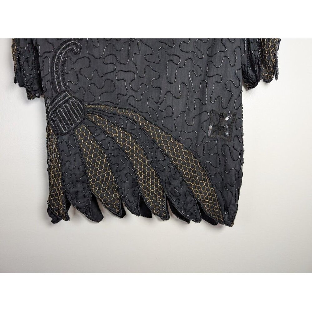 Vintage Laurence Kazar Blouse Large Sequin Beaded Silk Witchy Party Evening NEW - Picture 2 of 11